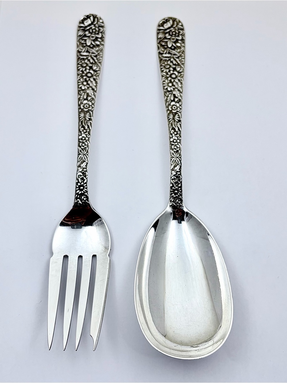 Floral-Handle Serving Spoon and Fork Set - Silver Tone